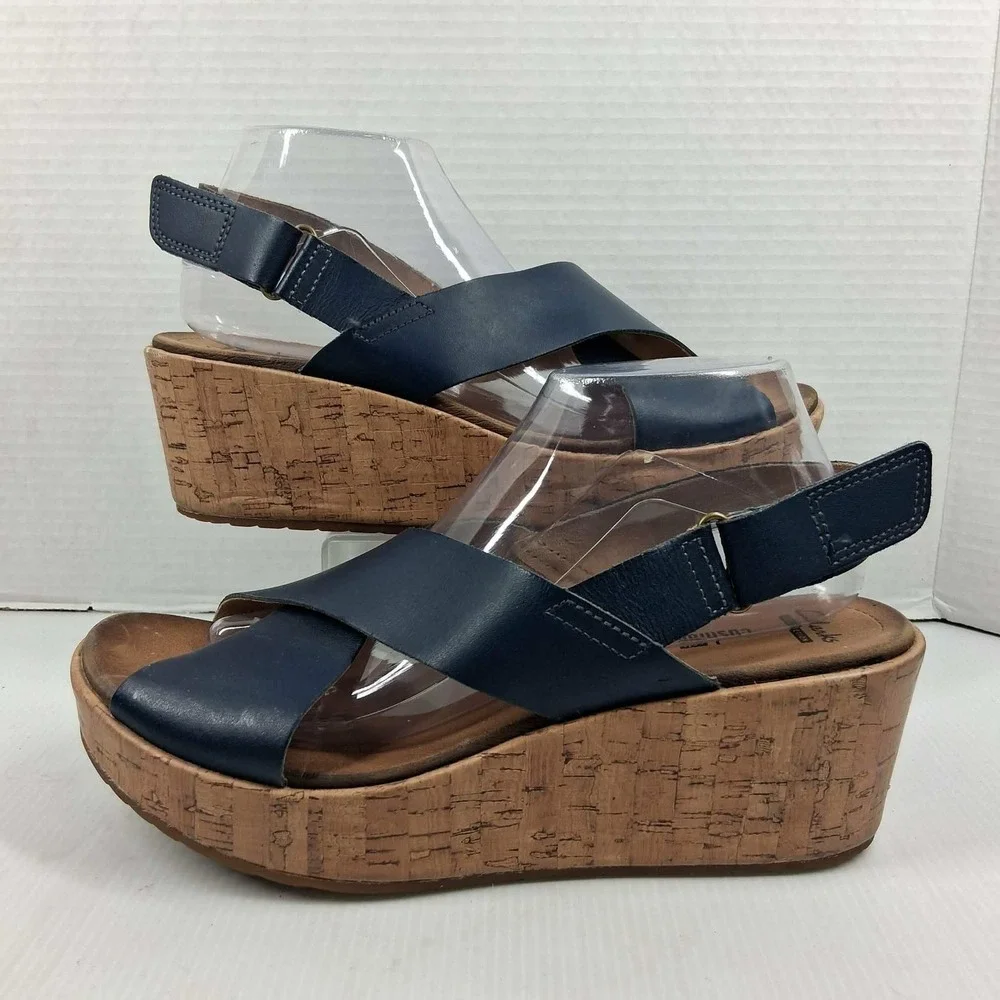 Clarks Navy Blue Leather Cork Wedge Platform Sandals Womens 10 Cushion Soft